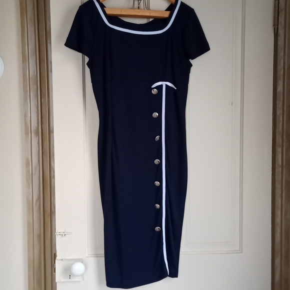 Glam Couture Joan Mad Men Navy Pencil Dress - Picture 2 of 6